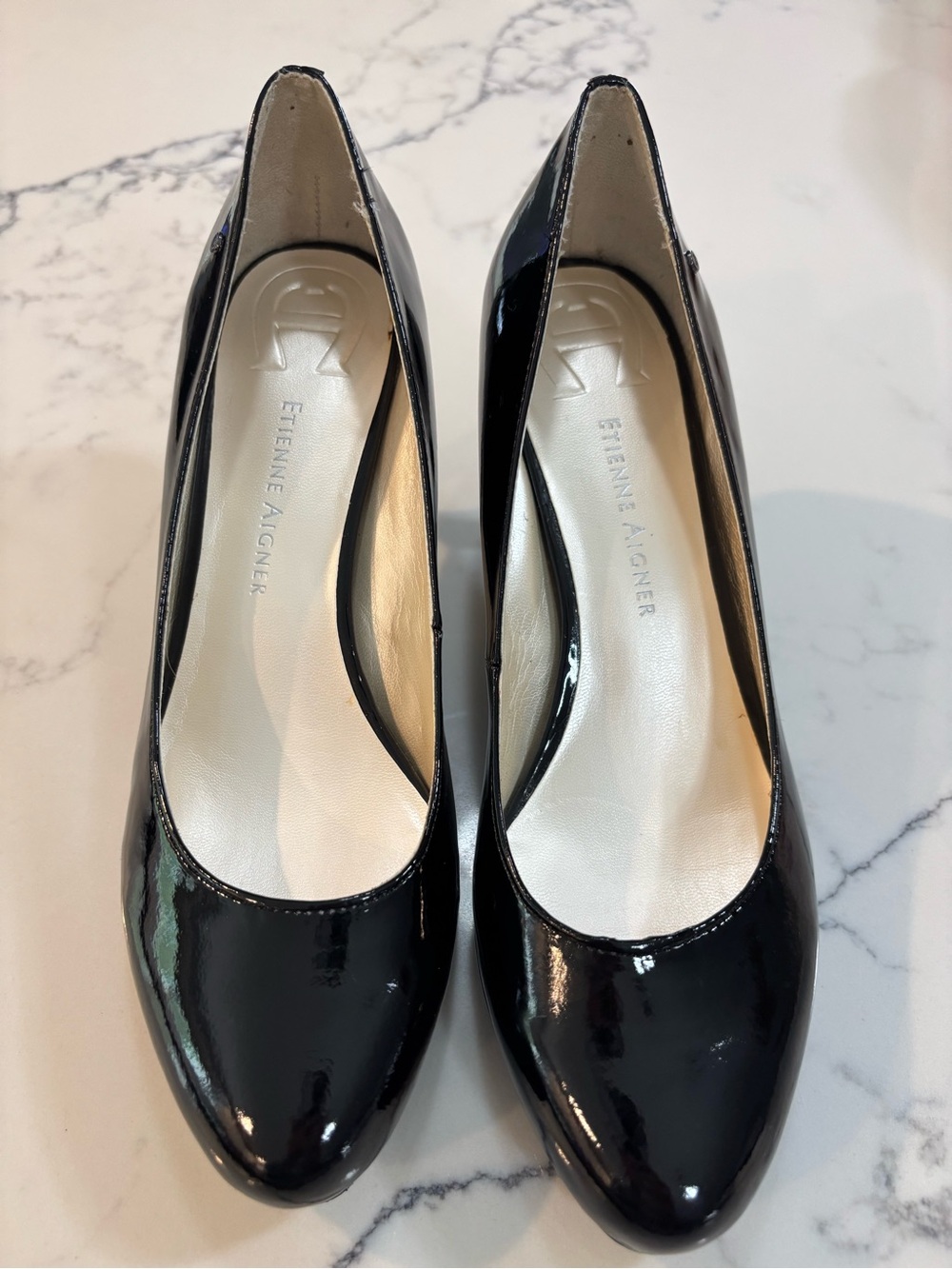 Etienne Aigner Black Patent Leather Round-Toe Heels